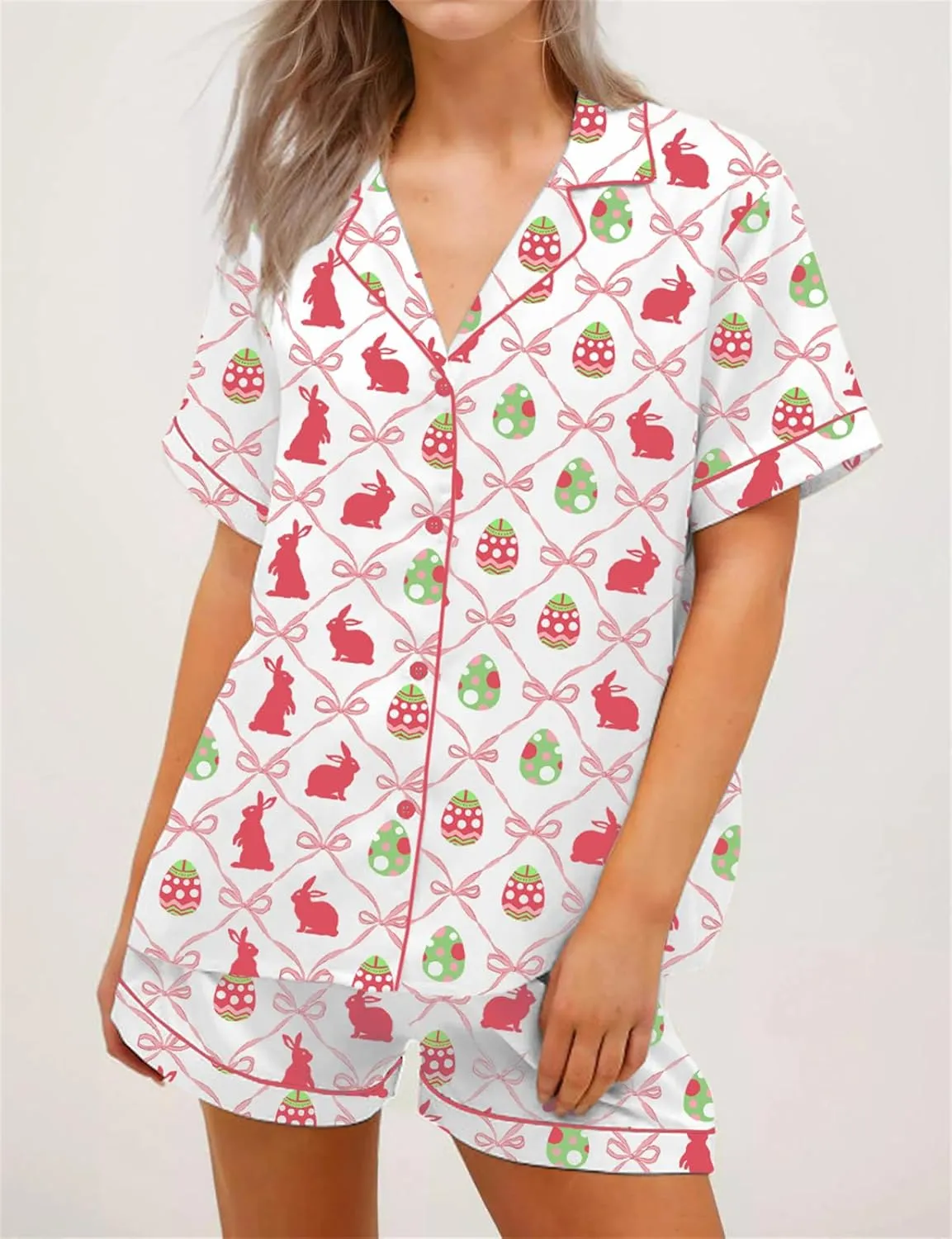 Women 2 Piece Easter Pajamas Set Silk Satin Short Sleeve Shirt Elastic Waist Shorts Cute Print Pjs Sets Loungewear