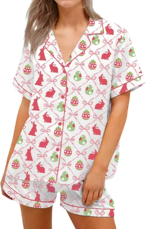 Women 2 Piece Easter Pajamas Set Silk Satin Short Sleeve Shirt Elastic Waist Shorts Cute Print Pjs Sets Loungewear