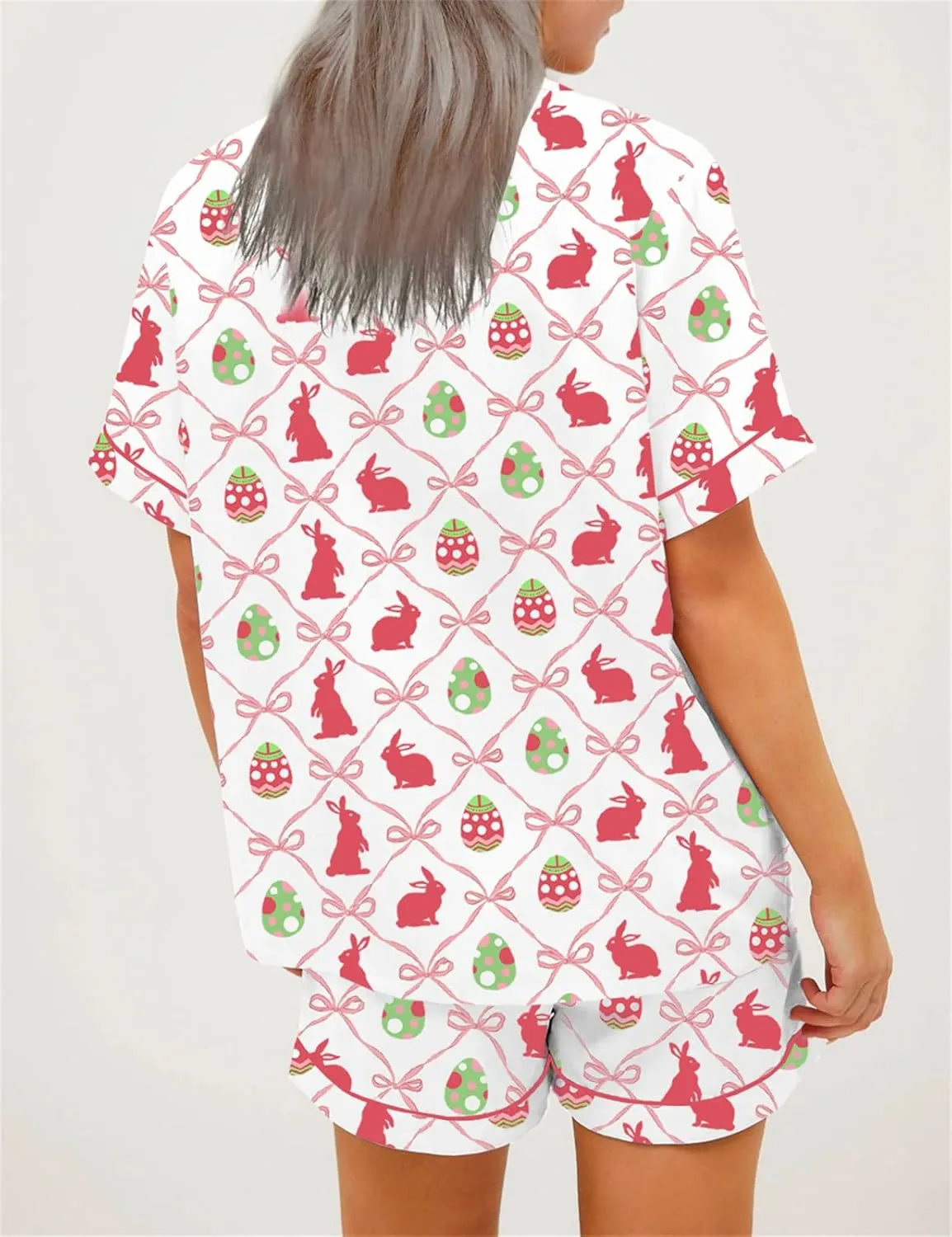 Women 2 Piece Easter Pajamas Set Silk Satin Short Sleeve Shirt Elastic Waist Shorts Cute Print Pjs Sets Loungewear