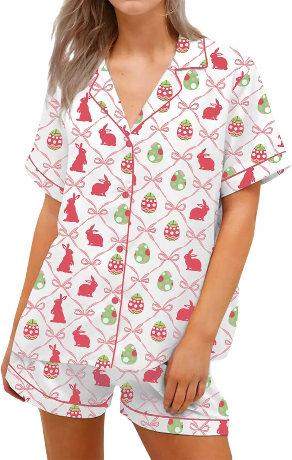 Women 2 Piece Easter Pajamas Set Silk Satin Short Sleeve Shirt Elastic Waist Shorts Cute Print Pjs Sets Loungewear
