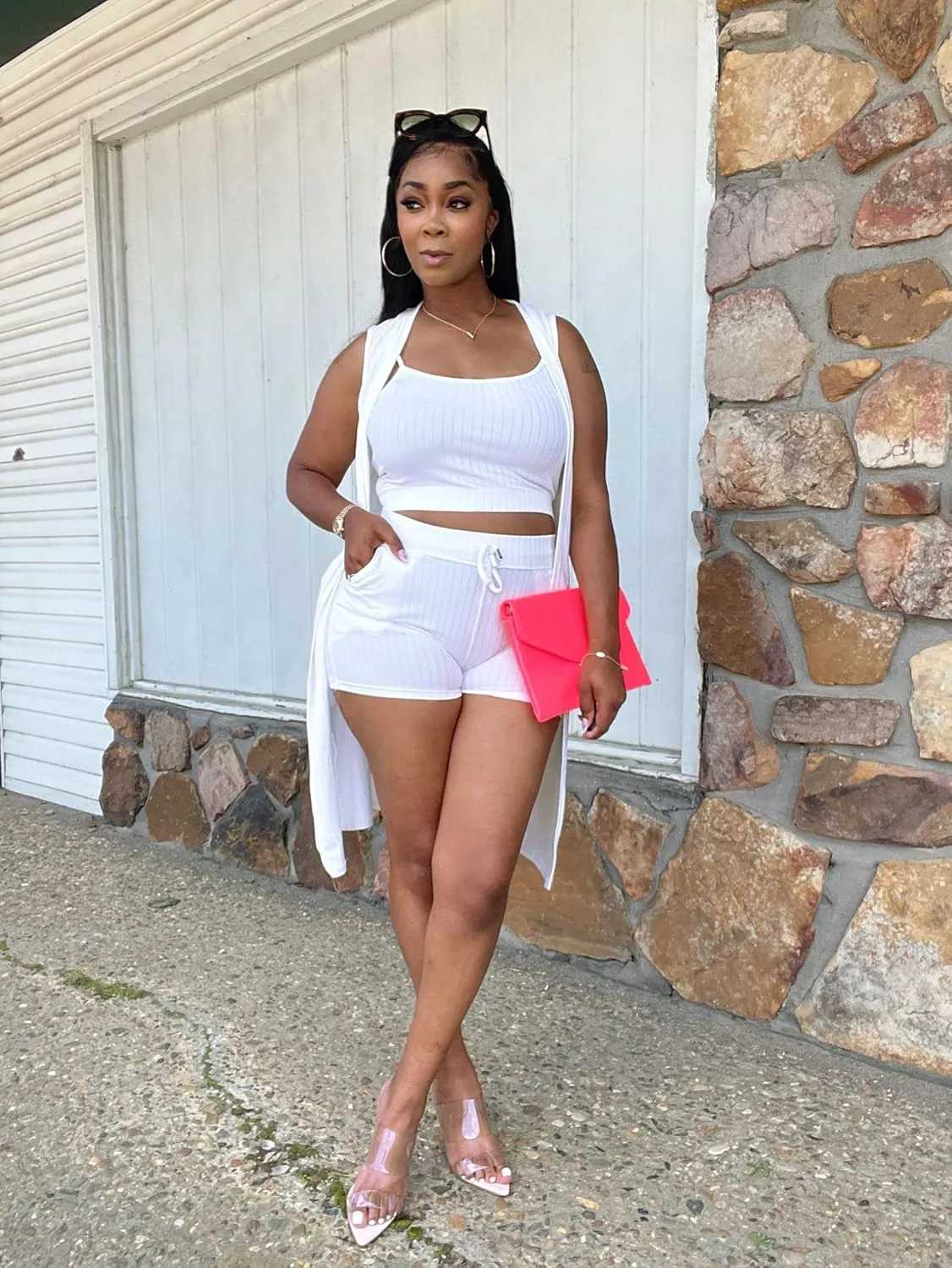 Women 3 Piece Outfits Ribbed Sleeveless Long Cardigan Crop Tank Tops Bodycon Shorts Sets Sweatsuit Lounge Set