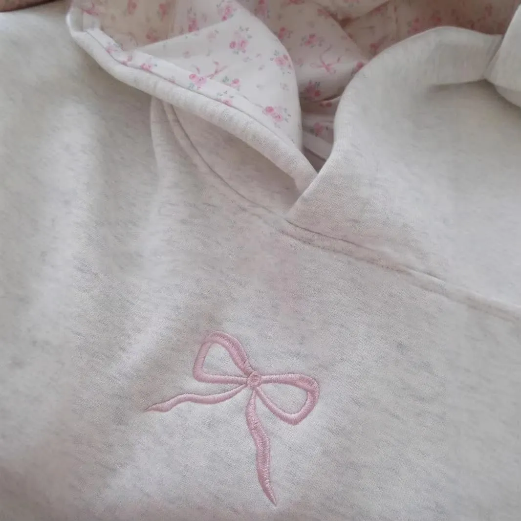 Women Bow Embroidery Hoodie Teen Girls Cute Graphic Hooded Loose Preppy Y2K Long Sleeve Pullover Hoodie Tops