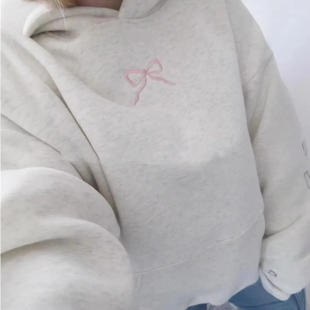 Women Bow Embroidery Hoodie Teen Girls Cute Graphic Hooded Loose Preppy Y2K Long Sleeve Pullover Hoodie Tops