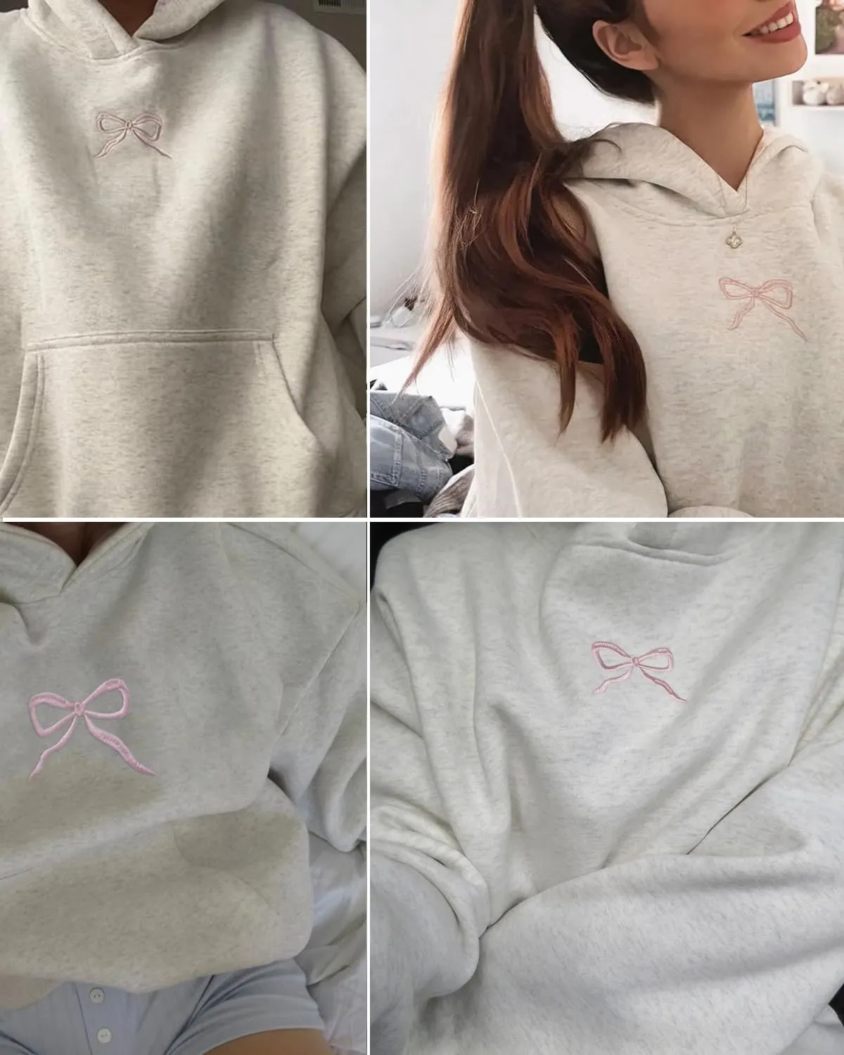 Women Bow Embroidery Hoodie Teen Girls Cute Graphic Hooded Loose Preppy Y2K Long Sleeve Pullover Hoodie Tops