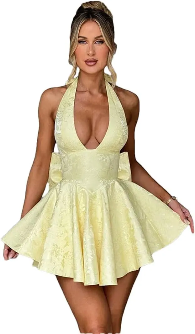 Women Bow Waist Wrap A-Line Dress Halter Mini Dress Nightclub Sexy Party Dresses