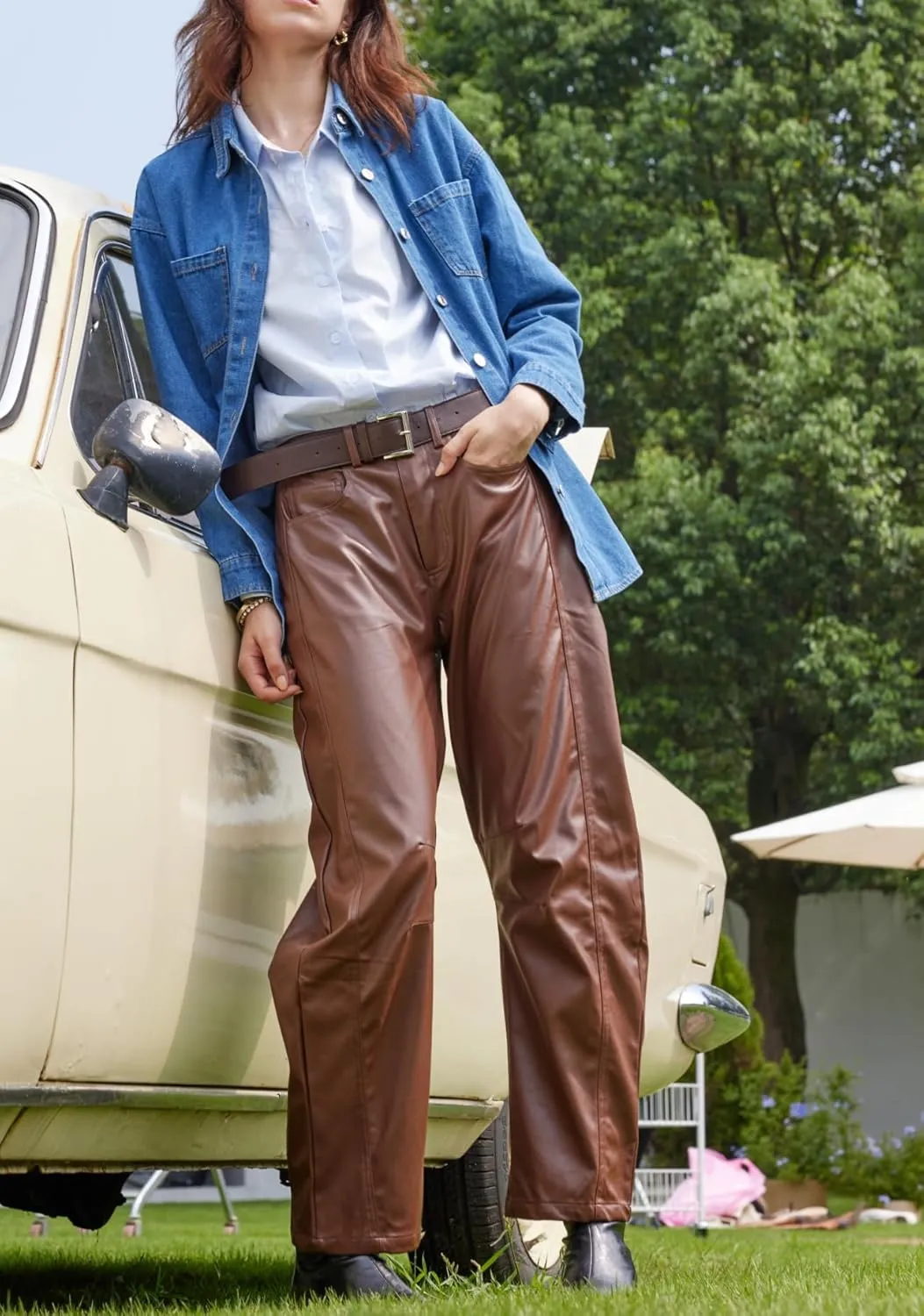 Women Faux Leather Pants Low Rise Baggy Barrel Jeans Wide Leg Trousers with Pockets