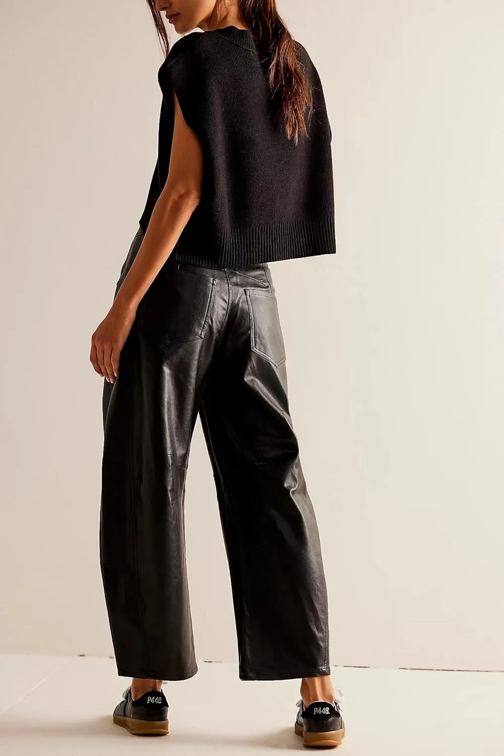 Women Faux Leather Pants Low Rise Baggy Barrel Jeans Wide Leg Trousers with Pockets
