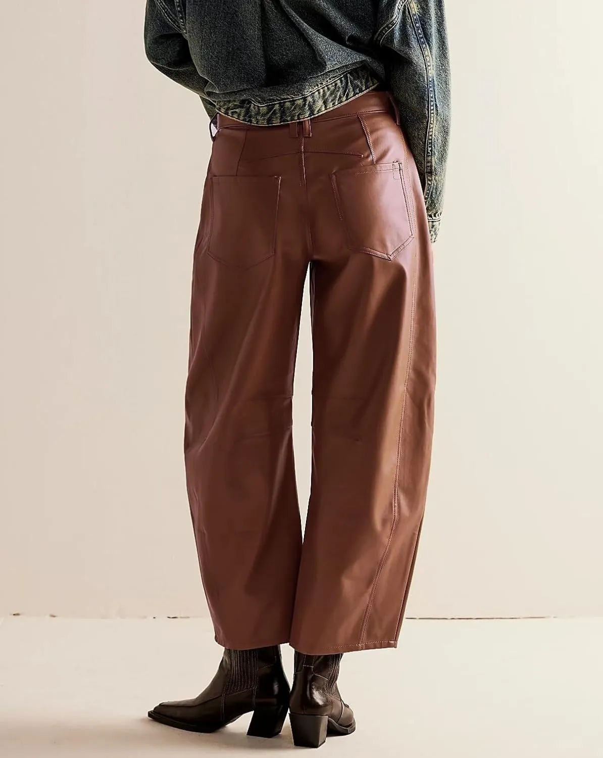 Women Faux Leather Pants Low Rise Baggy Barrel Jeans Wide Leg Trousers with Pockets