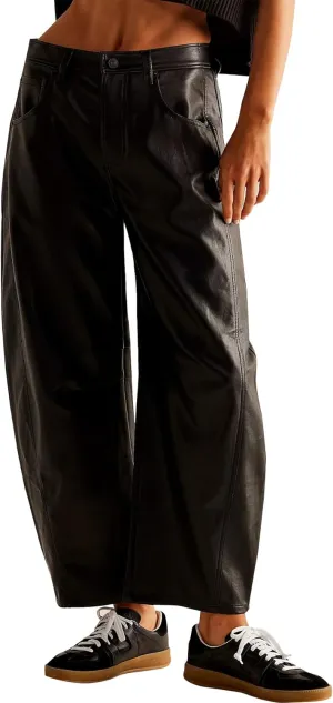 Women Faux Leather Pants Low Rise Baggy Barrel Jeans Wide Leg Trousers with Pockets