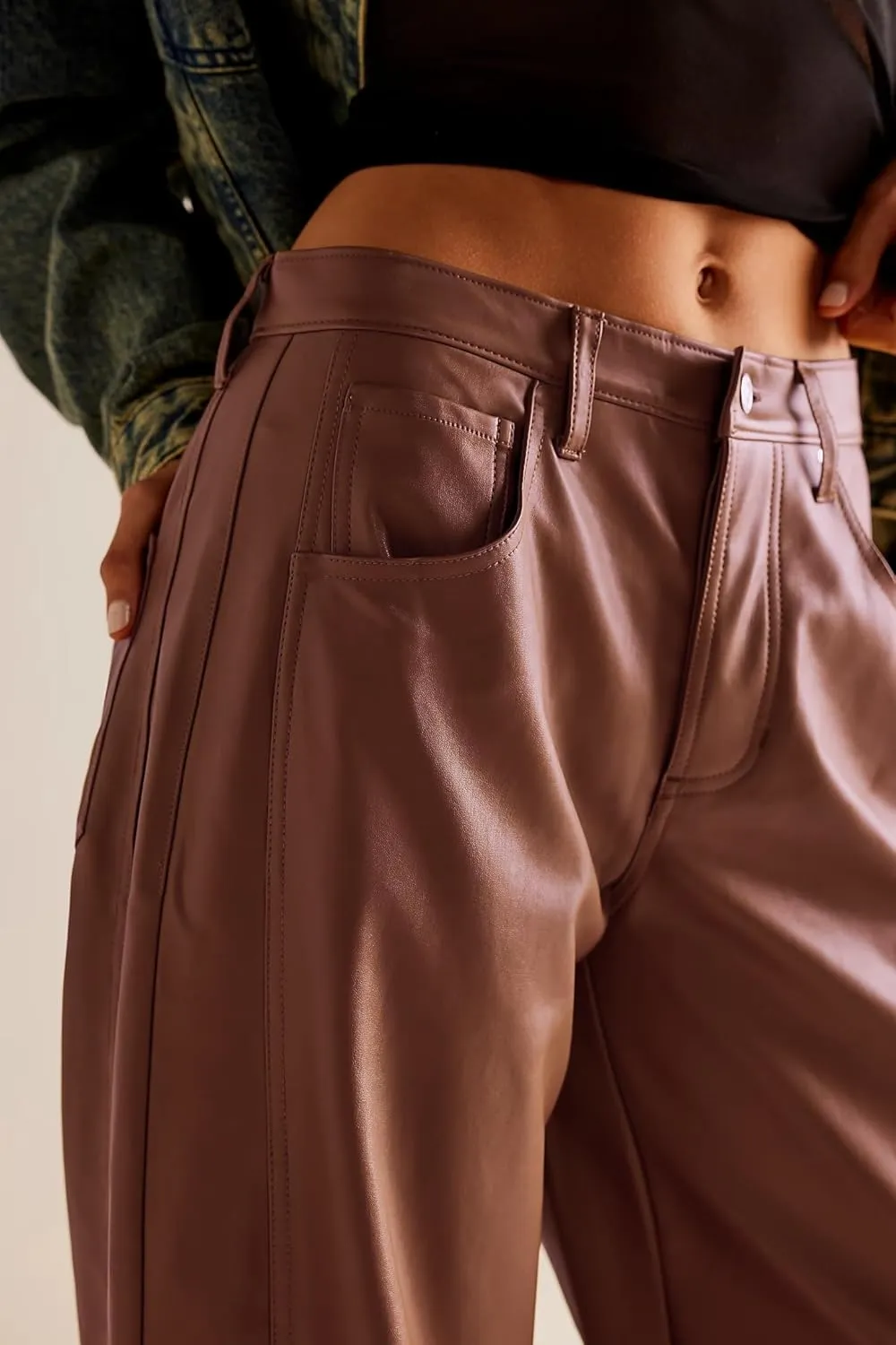 Women Faux Leather Pants Low Rise Baggy Barrel Jeans Wide Leg Trousers with Pockets