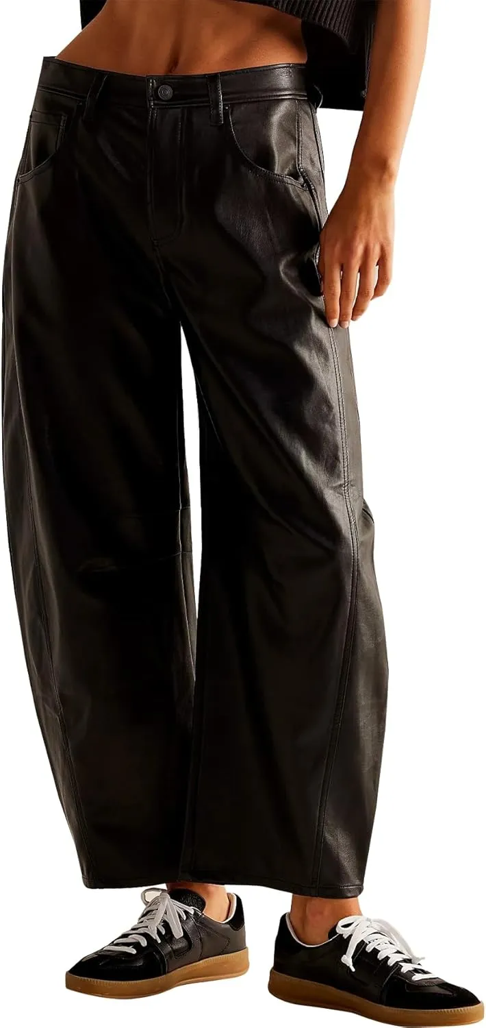 Women Faux Leather Pants Low Rise Baggy Barrel Jeans Wide Leg Trousers with Pockets