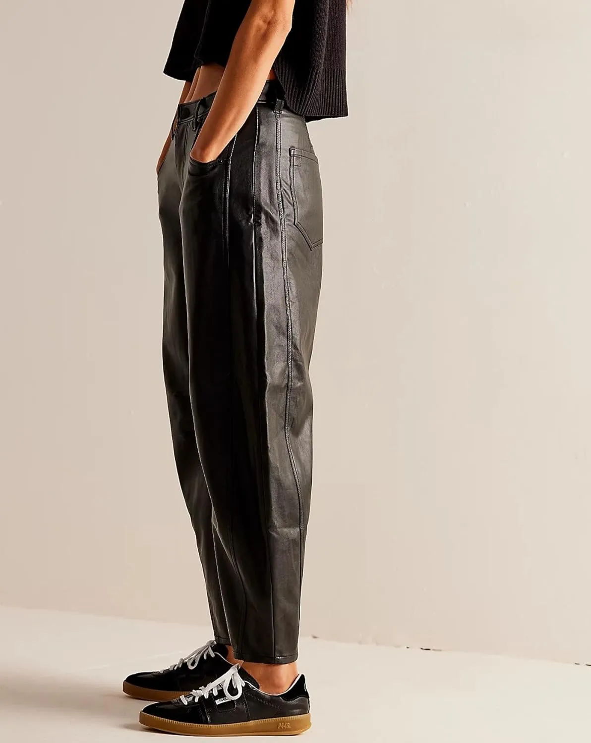 Women Faux Leather Pants Low Rise Baggy Barrel Jeans Wide Leg Trousers with Pockets