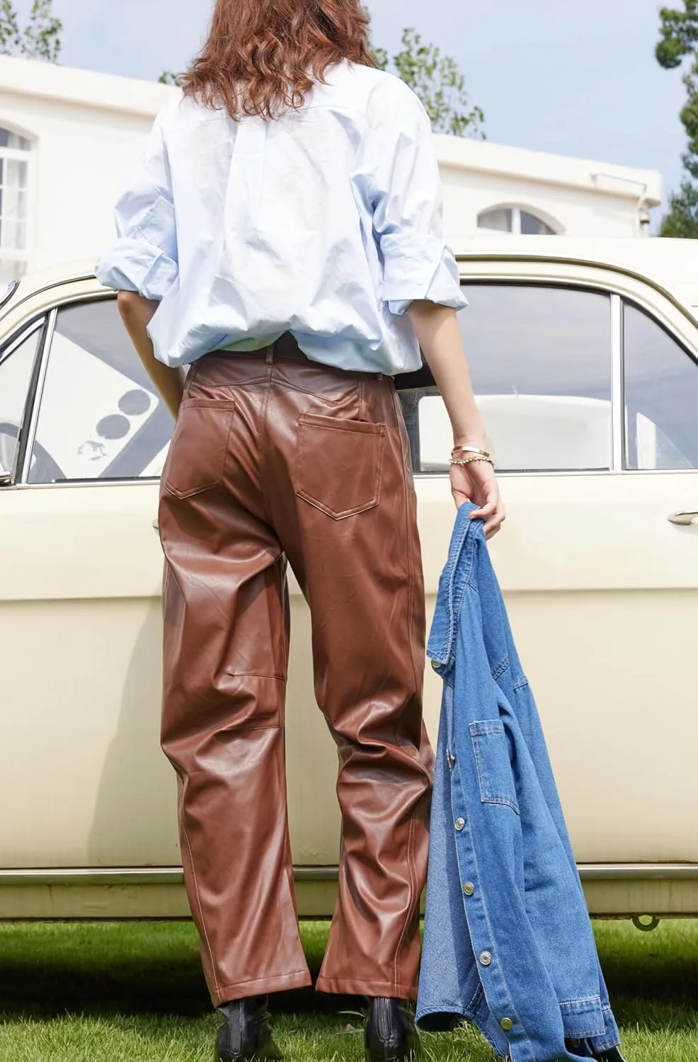 Women Faux Leather Pants Low Rise Baggy Barrel Jeans Wide Leg Trousers with Pockets