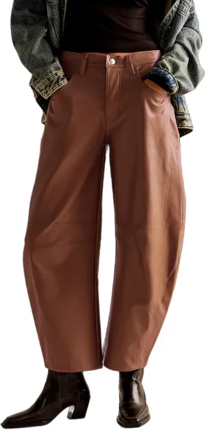 Women Faux Leather Pants Low Rise Baggy Barrel Jeans Wide Leg Trousers with Pockets