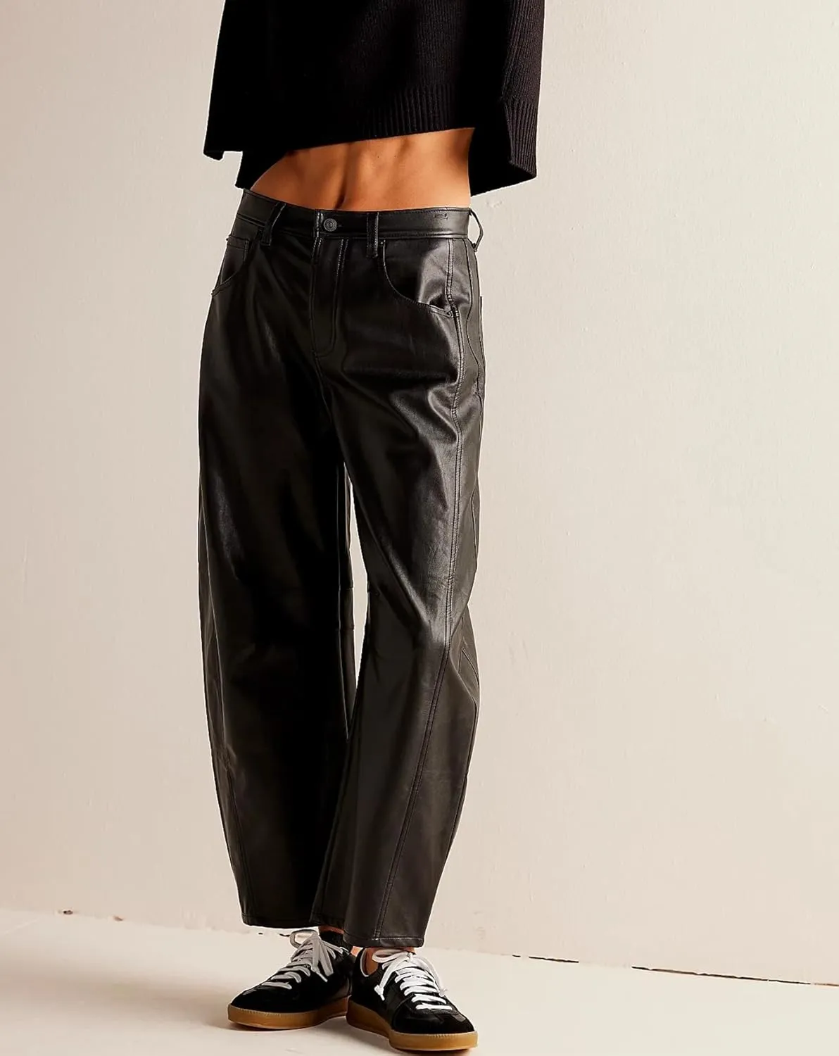 Women Faux Leather Pants Low Rise Baggy Barrel Jeans Wide Leg Trousers with Pockets