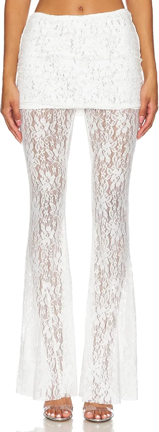 Women Floral Lace Bell Pants Sexy See Through Lace Pants Sheer Mesh Bottom Y2k High Waist Cover Up Trousers