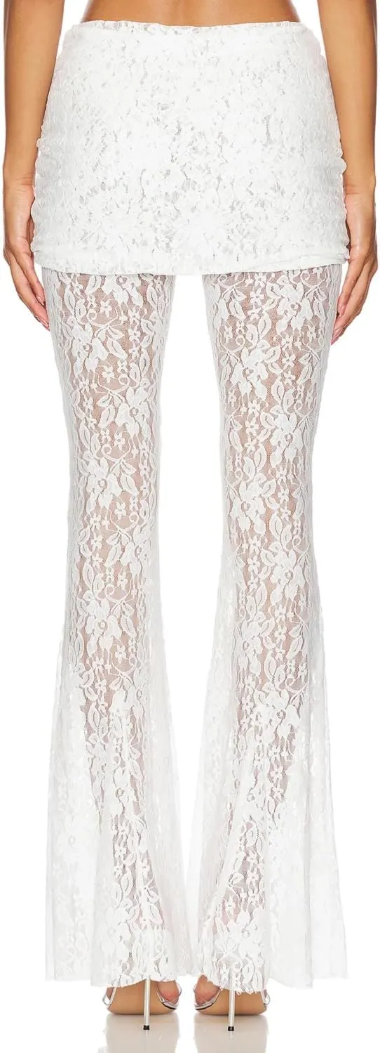 Women Floral Lace Bell Pants Sexy See Through Lace Pants Sheer Mesh Bottom Y2k High Waist Cover Up Trousers