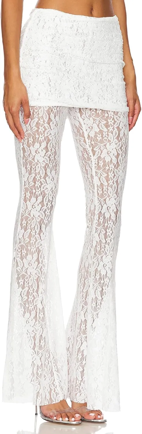 Women Floral Lace Bell Pants Sexy See Through Lace Pants Sheer Mesh Bottom Y2k High Waist Cover Up Trousers