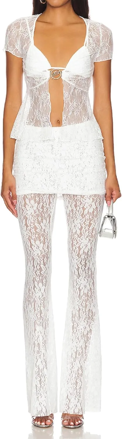 Women Floral Lace Bell Pants Sexy See Through Lace Pants Sheer Mesh Bottom Y2k High Waist Cover Up Trousers