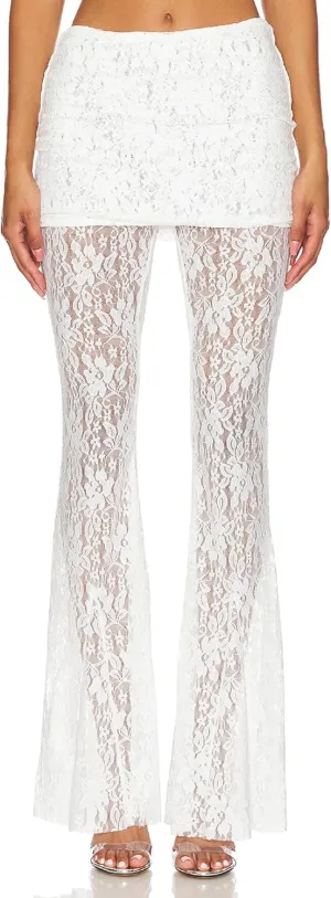 Women Floral Lace Bell Pants Sexy See Through Lace Pants Sheer Mesh Bottom Y2k High Waist Cover Up Trousers