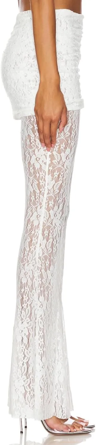 Women Floral Lace Bell Pants Sexy See Through Lace Pants Sheer Mesh Bottom Y2k High Waist Cover Up Trousers
