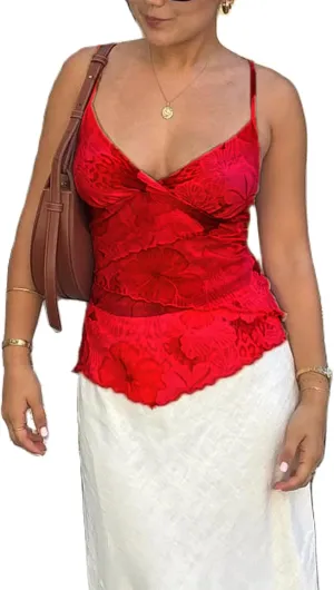 Women Floral Print Camisole Spaghetti Strap Ruffle Layered Crop Tank Top Irregular Hem Slim Fit Cami Tops