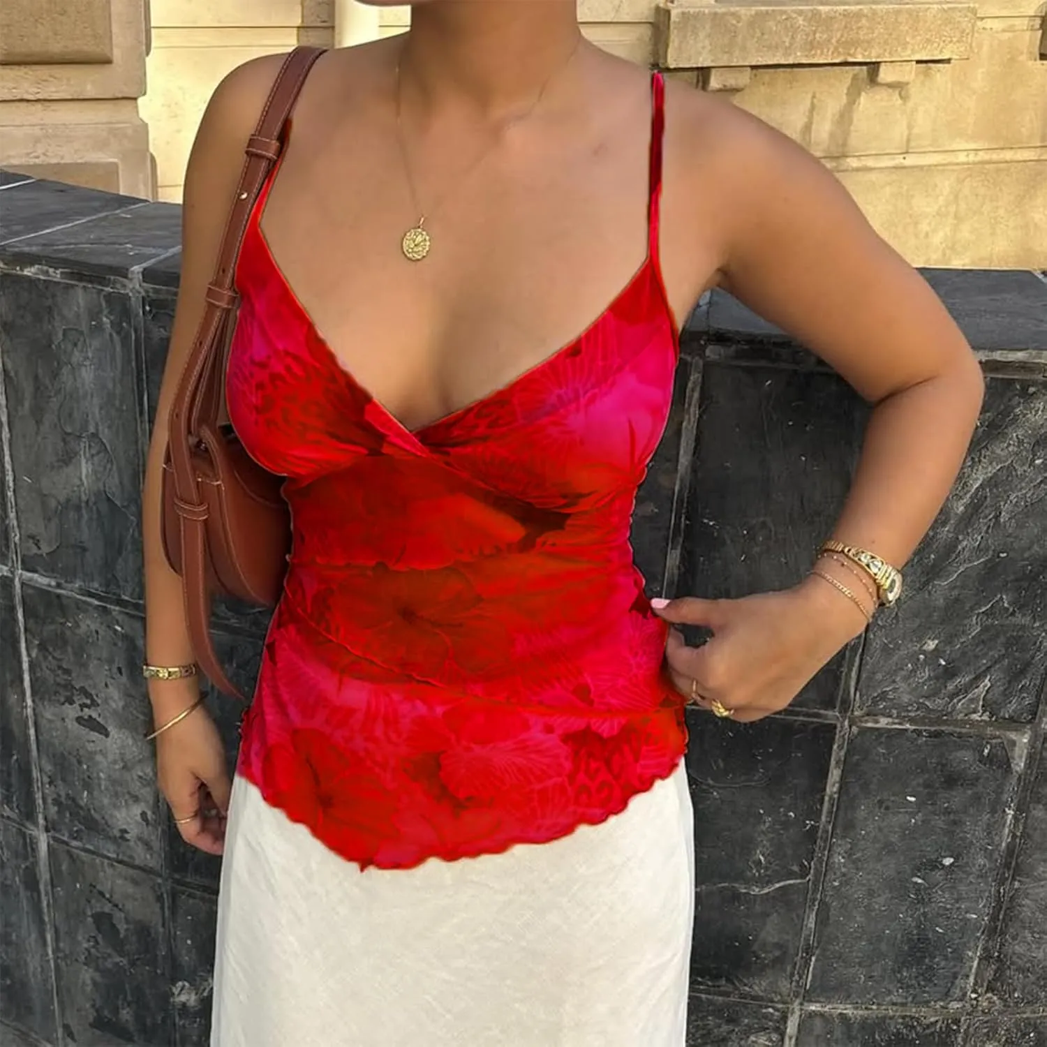 Women Floral Print Camisole Spaghetti Strap Ruffle Layered Crop Tank Top Irregular Hem Slim Fit Cami Tops