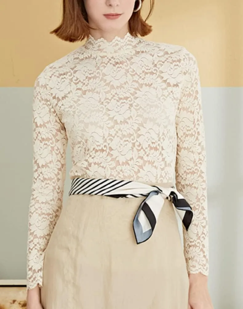 Women Floral Summer Lace Top Eyelash Trim Sexy Long Sleeves Plus Size Casual Dressy Shirt with Camisole Two Piece