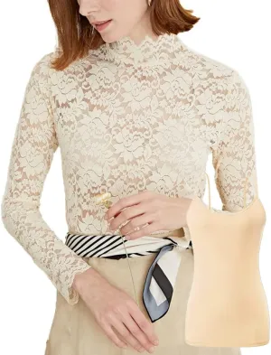 Women Floral Summer Lace Top Eyelash Trim Sexy Long Sleeves Plus Size Casual Dressy Shirt with Camisole Two Piece
