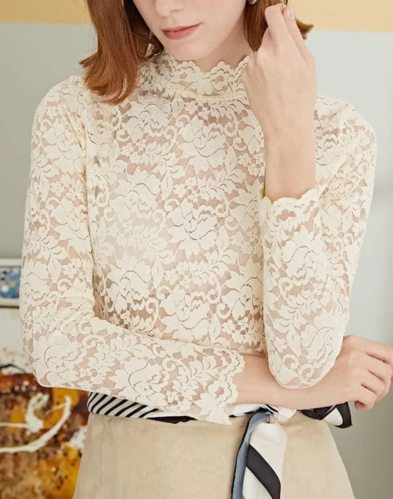 Women Floral Summer Lace Top Eyelash Trim Sexy Long Sleeves Plus Size Casual Dressy Shirt with Camisole Two Piece