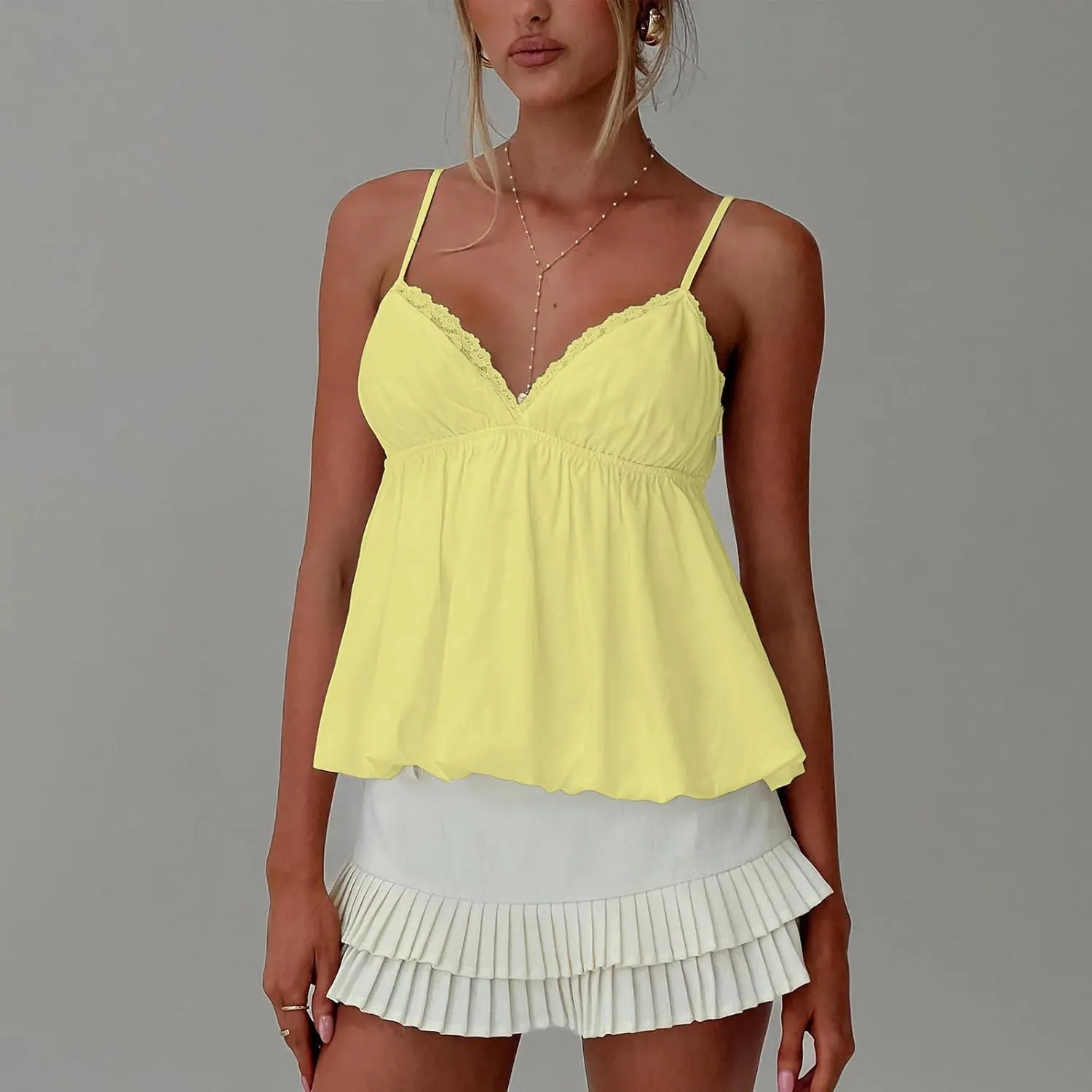 Women Lace Trim Camisole Slim Fitted Spaghetti Strap Ruffle Cami Crop Top V Neck Sleeveless Tank Tops Streetwear