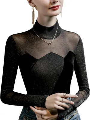 Women Mock Neck Long Sleeve T-Shirt See Through Floral Layering Shirt Undershirt Fashion Black Office Blouses