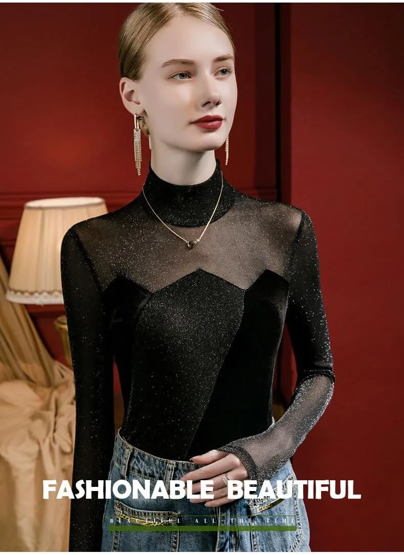 Women Mock Neck Long Sleeve T-Shirt See Through Floral Layering Shirt Undershirt Fashion Black Office Blouses