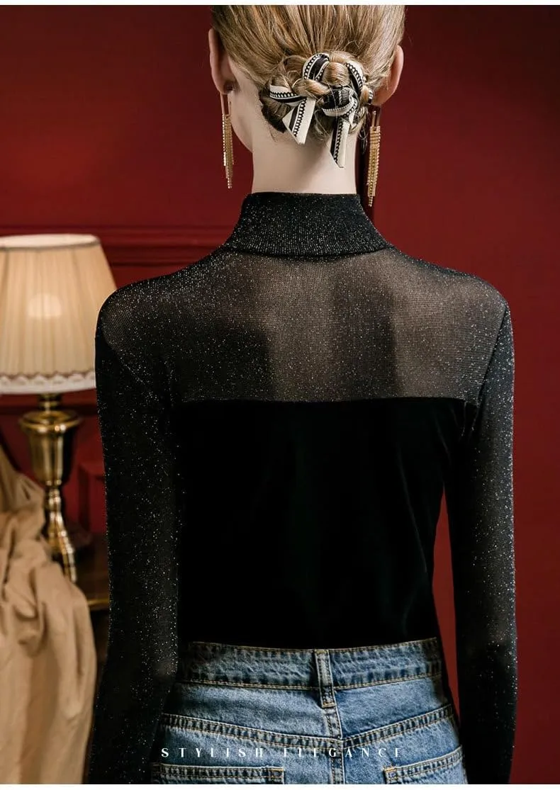 Women Mock Neck Long Sleeve T-Shirt See Through Floral Layering Shirt Undershirt Fashion Black Office Blouses