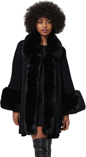 Women Poncho Cape Shawl Wrap Open Front Winter Faux Fur Trim Coat With Hooks Cardigan Dressy Cloak Tops