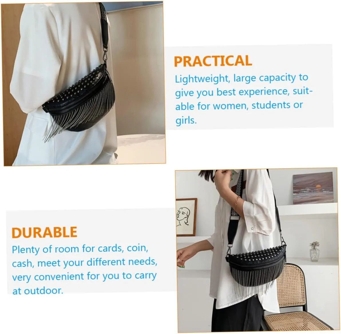 Women Rivet Studded Bag Lightweight Phone Pouch Stylish Tassel Shoulder Purse for Daily Use Capacity for Cards Cash and Essentials for Students and Outdoor Activities