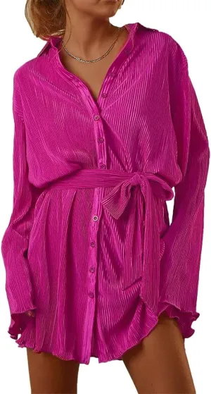 Women Shirt Dresses Long Sleeve Pleated Mini Dress Casual Button Down Tunic Tops with Belt Vintage Streetwear