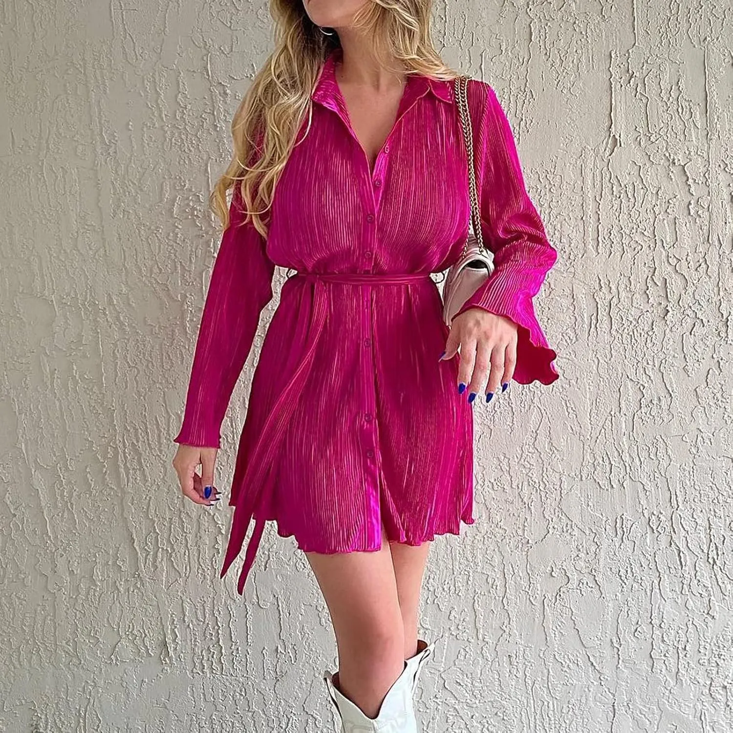 Women Shirt Dresses Long Sleeve Pleated Mini Dress Casual Button Down Tunic Tops with Belt Vintage Streetwear