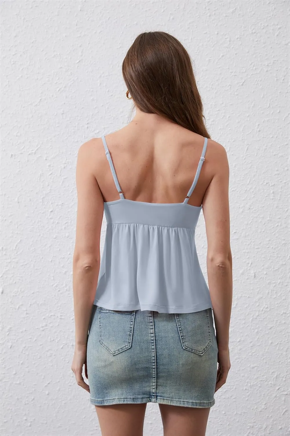 Women Square Neck Ruched Peplum Crop Cami Top Adjustable Spaghetti Strap Ruffled Hem Solid Sexy Cropped Tank Tops
