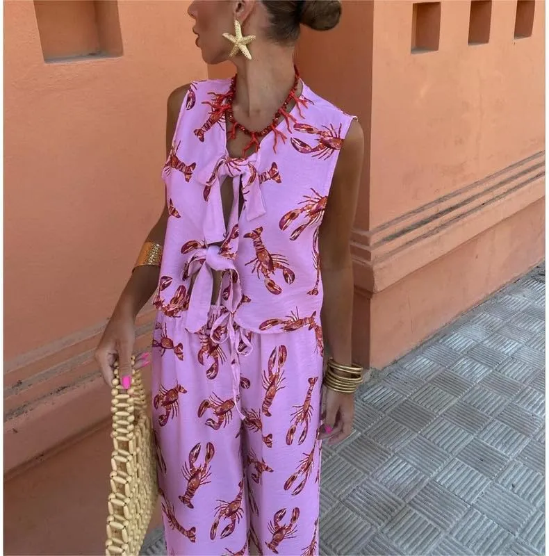 Women Y2k 2 Piece Tie Front Pajamas Set Sleeveless V Neck Lobster Print Tank Top Lace Up Pants Lounge Sets