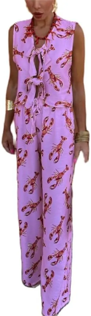 Women Y2k 2 Piece Tie Front Pajamas Set Sleeveless V Neck Lobster Print Tank Top Lace Up Pants Lounge Sets