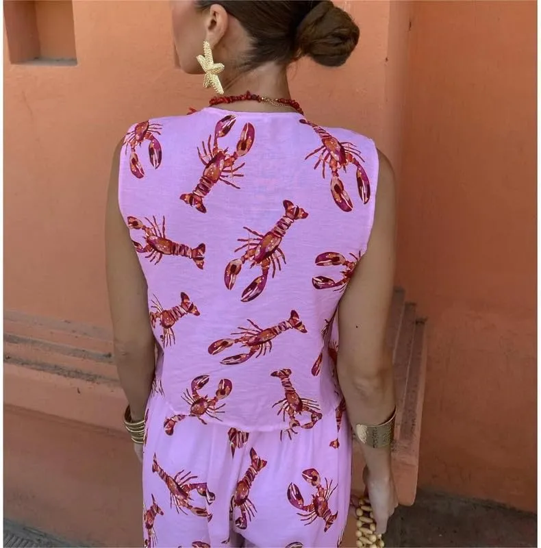 Women Y2k 2 Piece Tie Front Pajamas Set Sleeveless V Neck Lobster Print Tank Top Lace Up Pants Lounge Sets