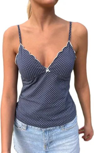 Women Y2k Polka Dot Cami Top Lace Trim V Neck Spaghetti Strap Camisole Dots Print Aesthetic Tank Tops