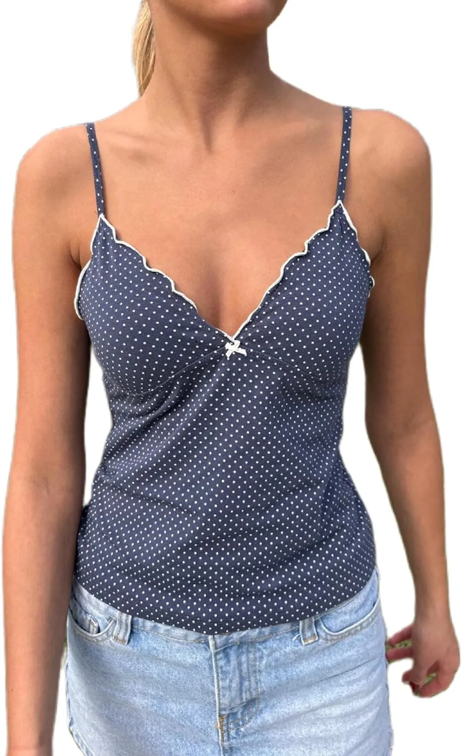 Women Y2k Polka Dot Cami Top Lace Trim V Neck Spaghetti Strap Camisole Dots Print Aesthetic Tank Tops