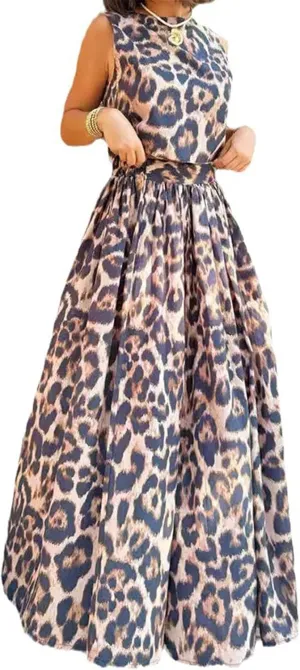 Women's 2 PCS Leopard Printed Lace Up Crop Tops Bodycon Long Skirts Sexy Nightclub Party Dress Outfits Set