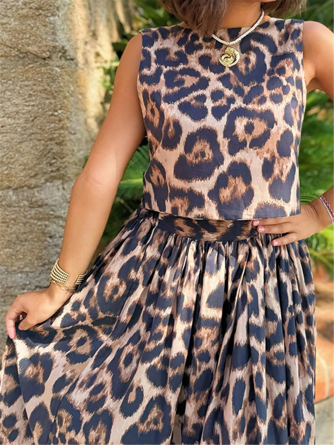 Women's 2 PCS Leopard Printed Lace Up Crop Tops Bodycon Long Skirts Sexy Nightclub Party Dress Outfits Set