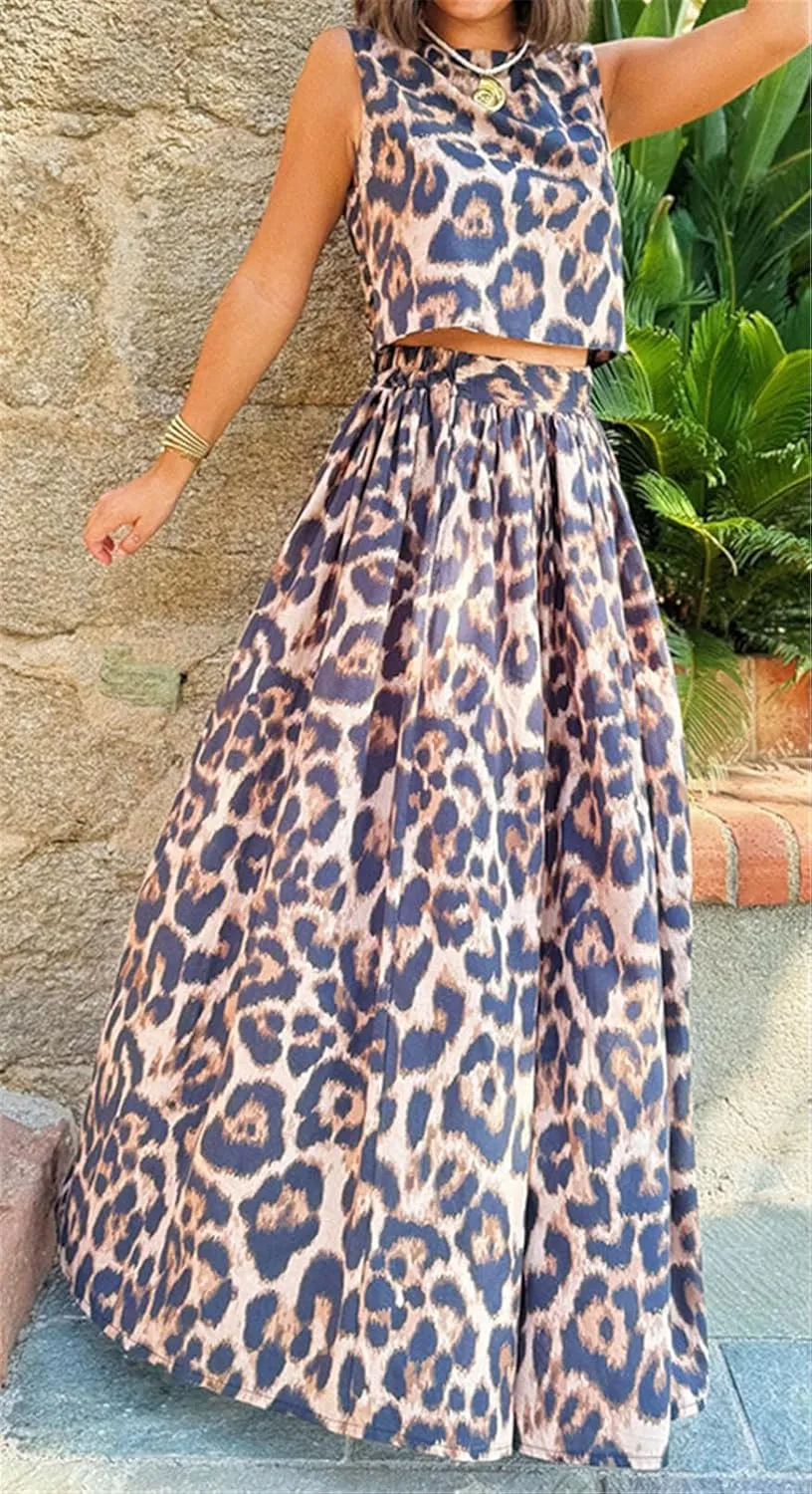 Women's 2 PCS Leopard Printed Lace Up Crop Tops Bodycon Long Skirts Sexy Nightclub Party Dress Outfits Set