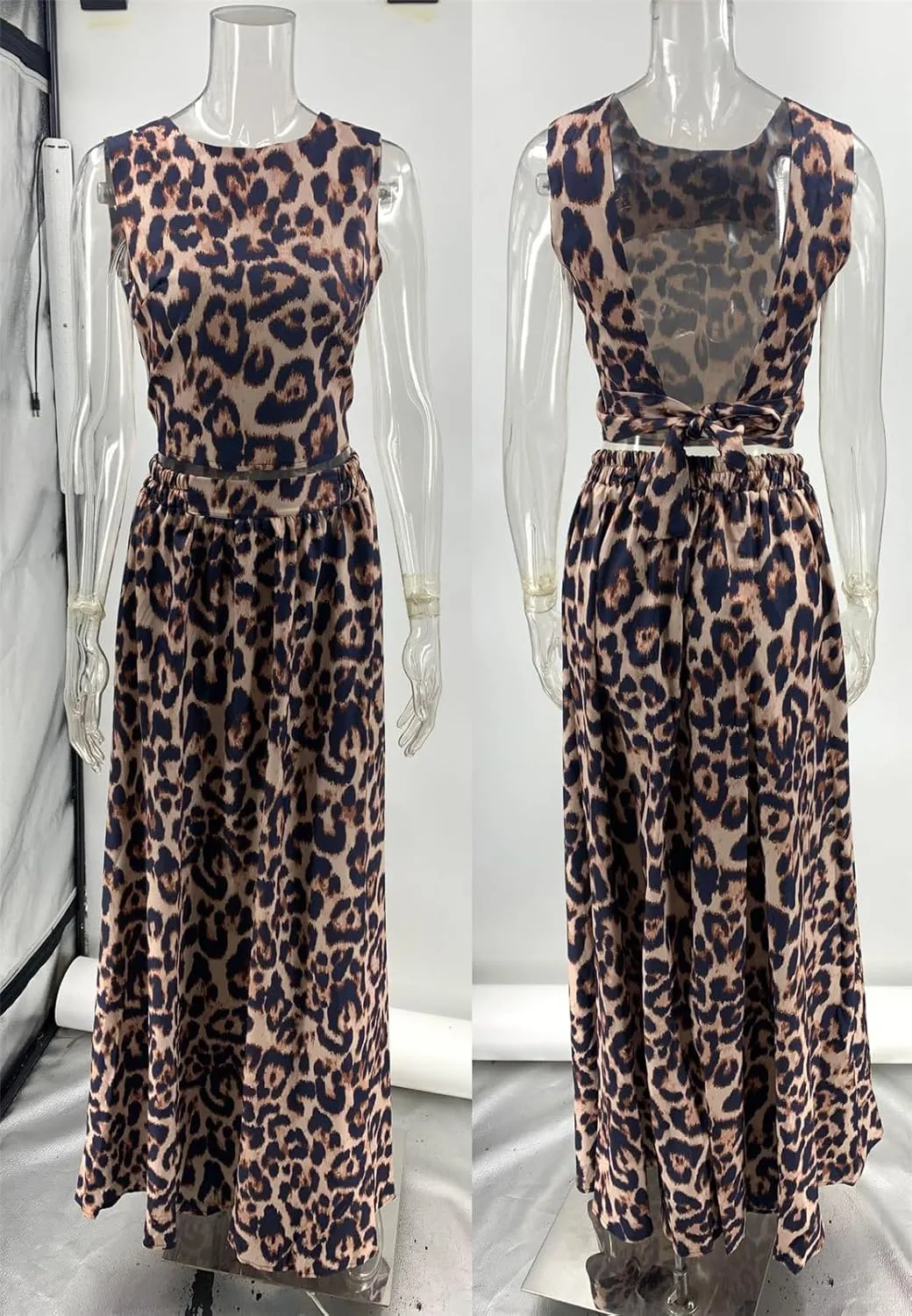 Women's 2 PCS Leopard Printed Lace Up Crop Tops Bodycon Long Skirts Sexy Nightclub Party Dress Outfits Set