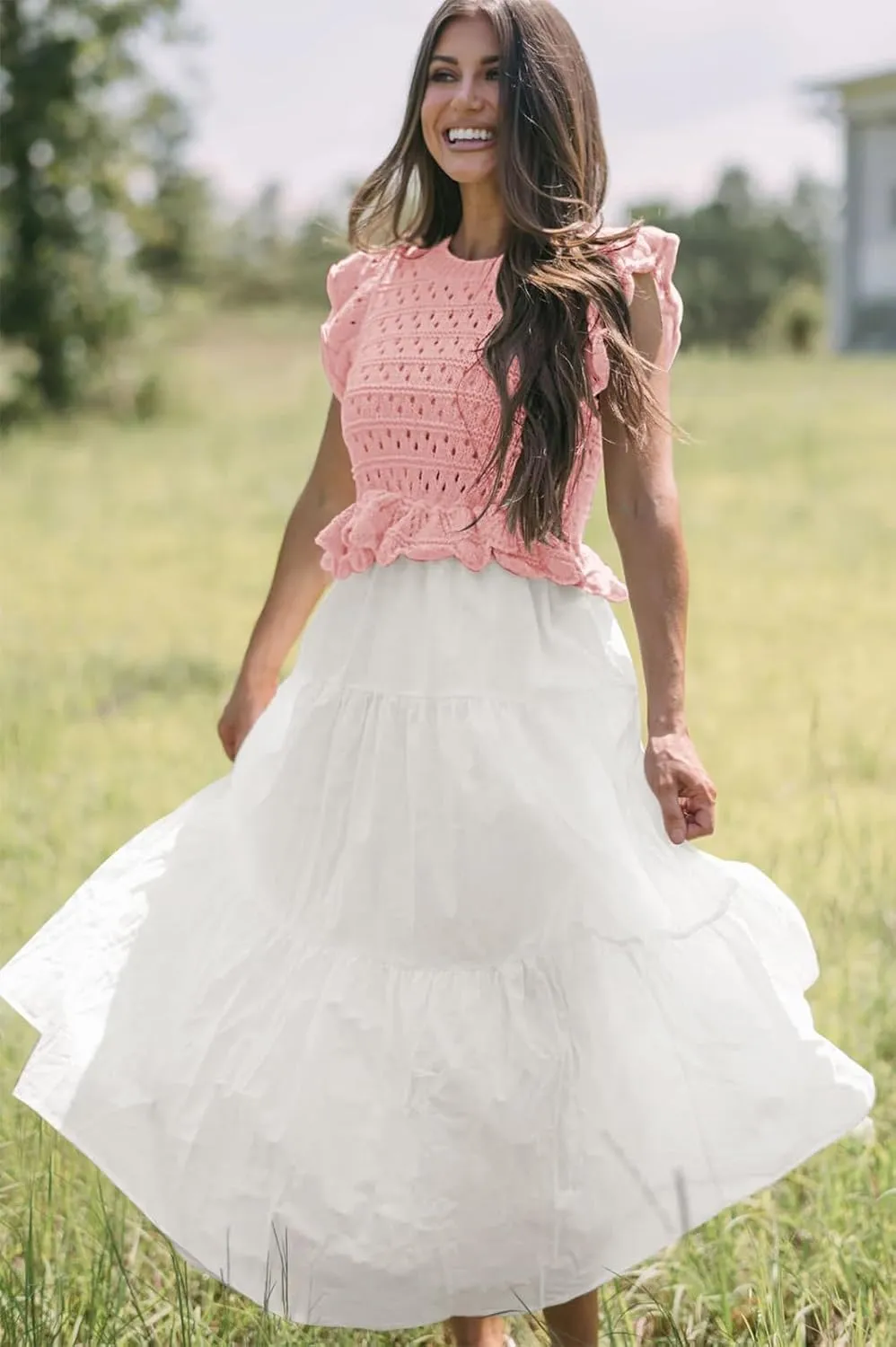 Womens 2025 Summer Causal Ruffle Sleeve Crochet Knit Tops Long Dress for Ladies Fall Trendy Tiered Dress