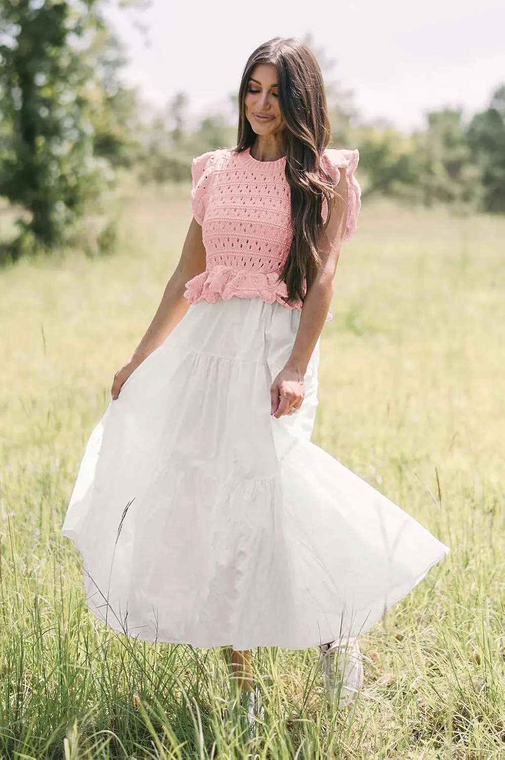 Womens 2025 Summer Causal Ruffle Sleeve Crochet Knit Tops Long Dress for Ladies Fall Trendy Tiered Dress